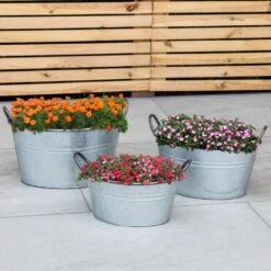 Woodside Vintage Galvanised Steel Garden & Home Flower Planter Tubs, Pack Of 3