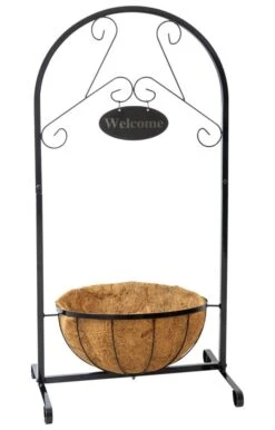 Woodside Hanging Coconut Flower Basket Planter Stand With Garden Welcome Sign