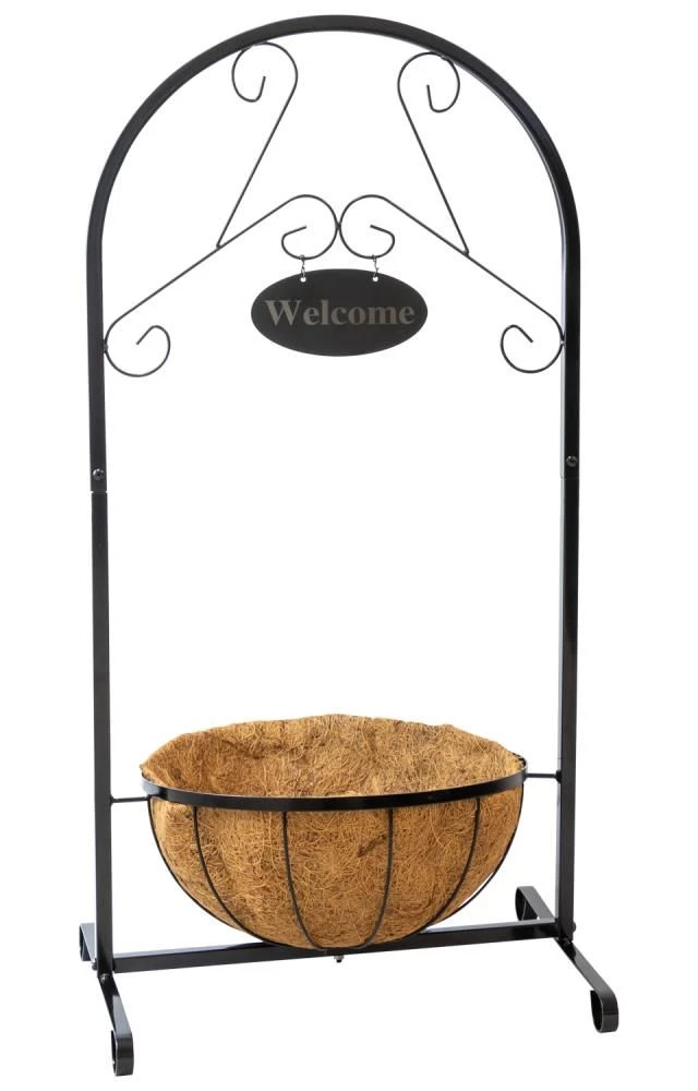 Woodside Hanging Coconut Flower Basket Planter Stand With Garden Welcome Sign 3 Woodside Hanging Coconut Flower Basket Planter Stand With Garden Welcome Sign
