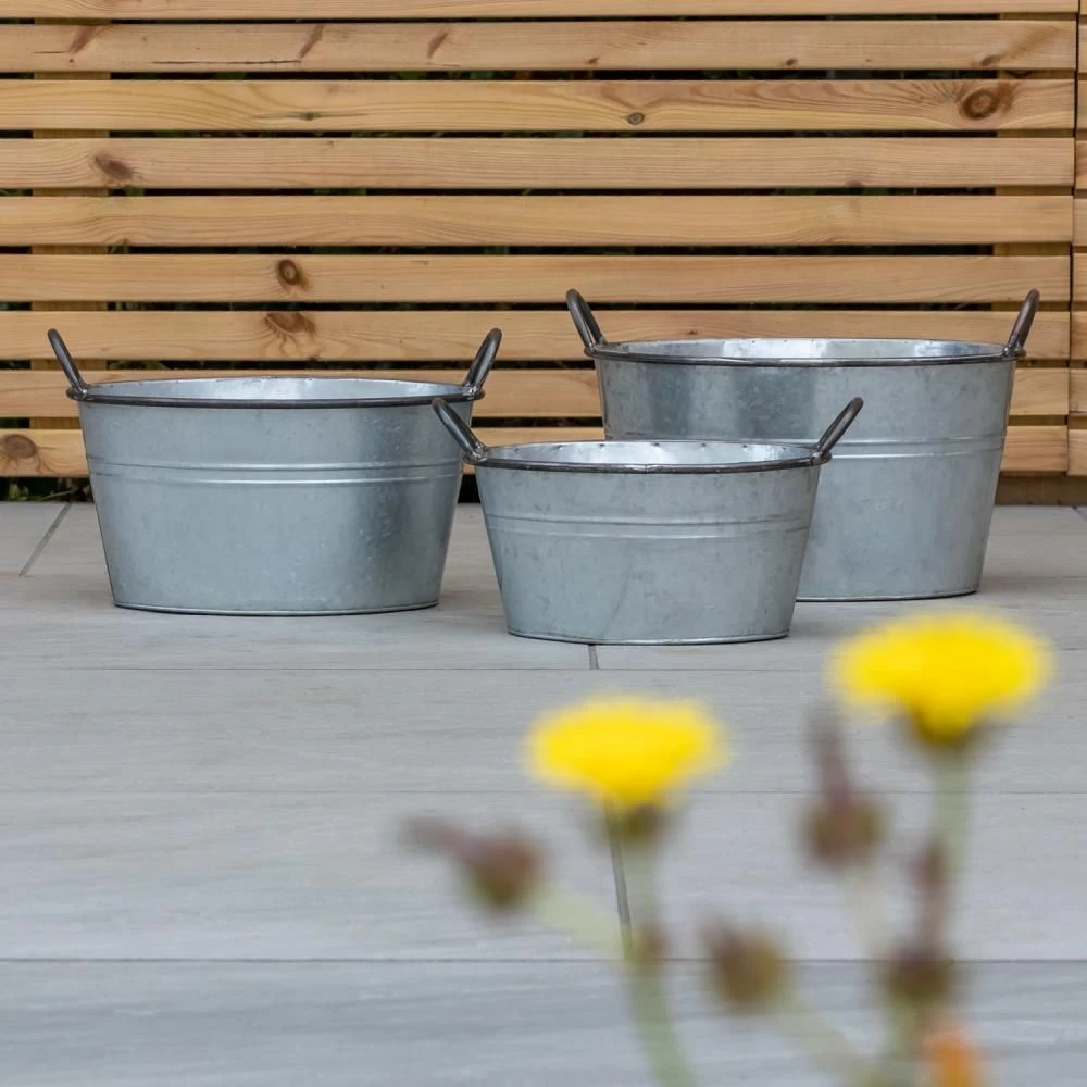 Woodside Vintage Galvanised Steel Garden & Home Flower Planter Tubs, Pack Of 3 6 Woodside Vintage Galvanised Steel Garden & Home Flower Planter Tubs, Pack Of 3 - Image 4
