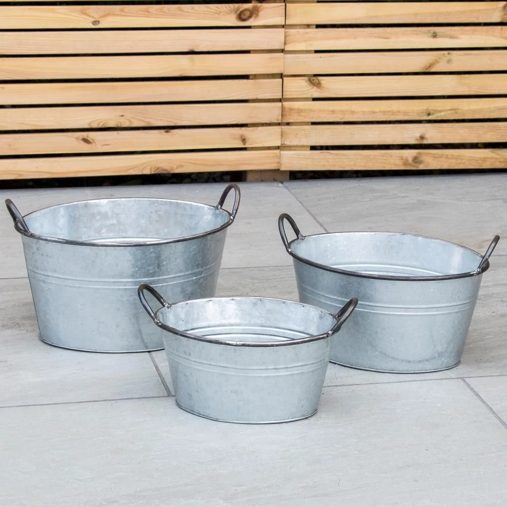 Woodside Vintage Galvanised Steel Garden & Home Flower Planter Tubs, Pack Of 3 4 Woodside Vintage Galvanised Steel Garden & Home Flower Planter Tubs, Pack Of 3 - Image 2