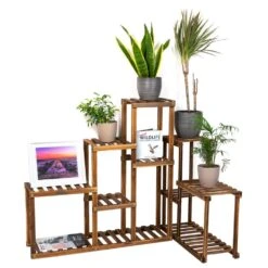 Woodside Bradwell Carbonized 5 Tier Corner Wooden Plant Display Stand Flower Rack